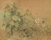 Paul Baum Gartenstuck mit grober und kleineren Sonnenblumen, Malven und anderen Blumen Spain oil painting artist